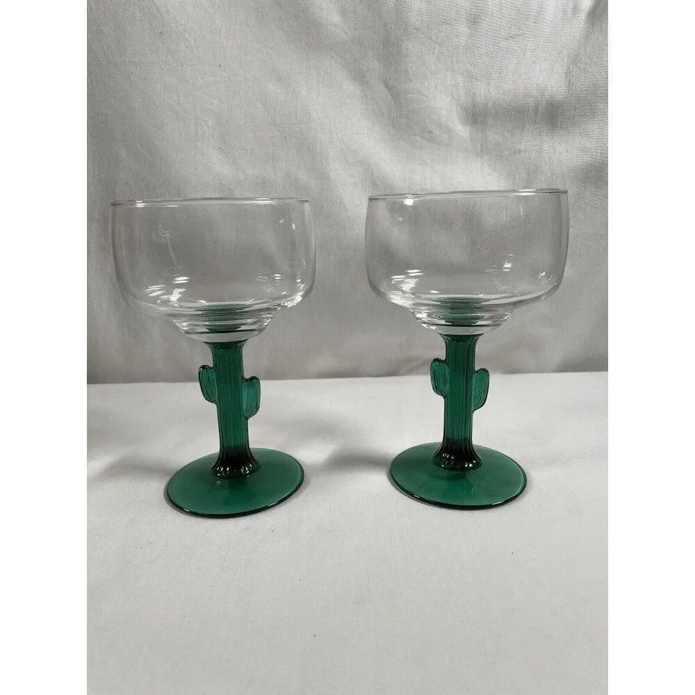 Pair of Vintage Libbey Clear Margarita Glasses W/Green Cactus Stem